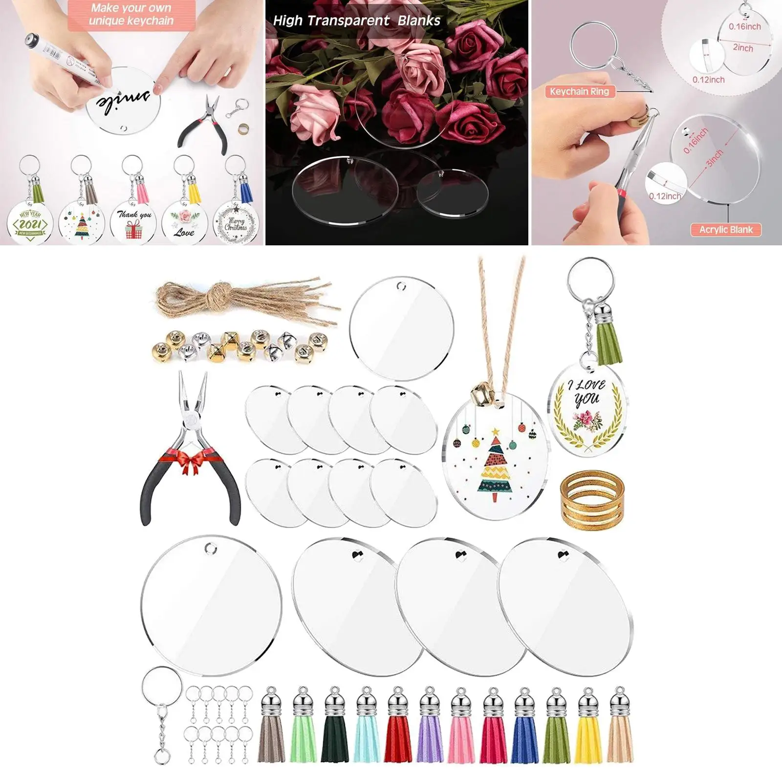 74Pcs Transparent Acrylic Keychain Tassel Pendants Charms Keyrings DIY Projects and Jewelry Making Accessories s