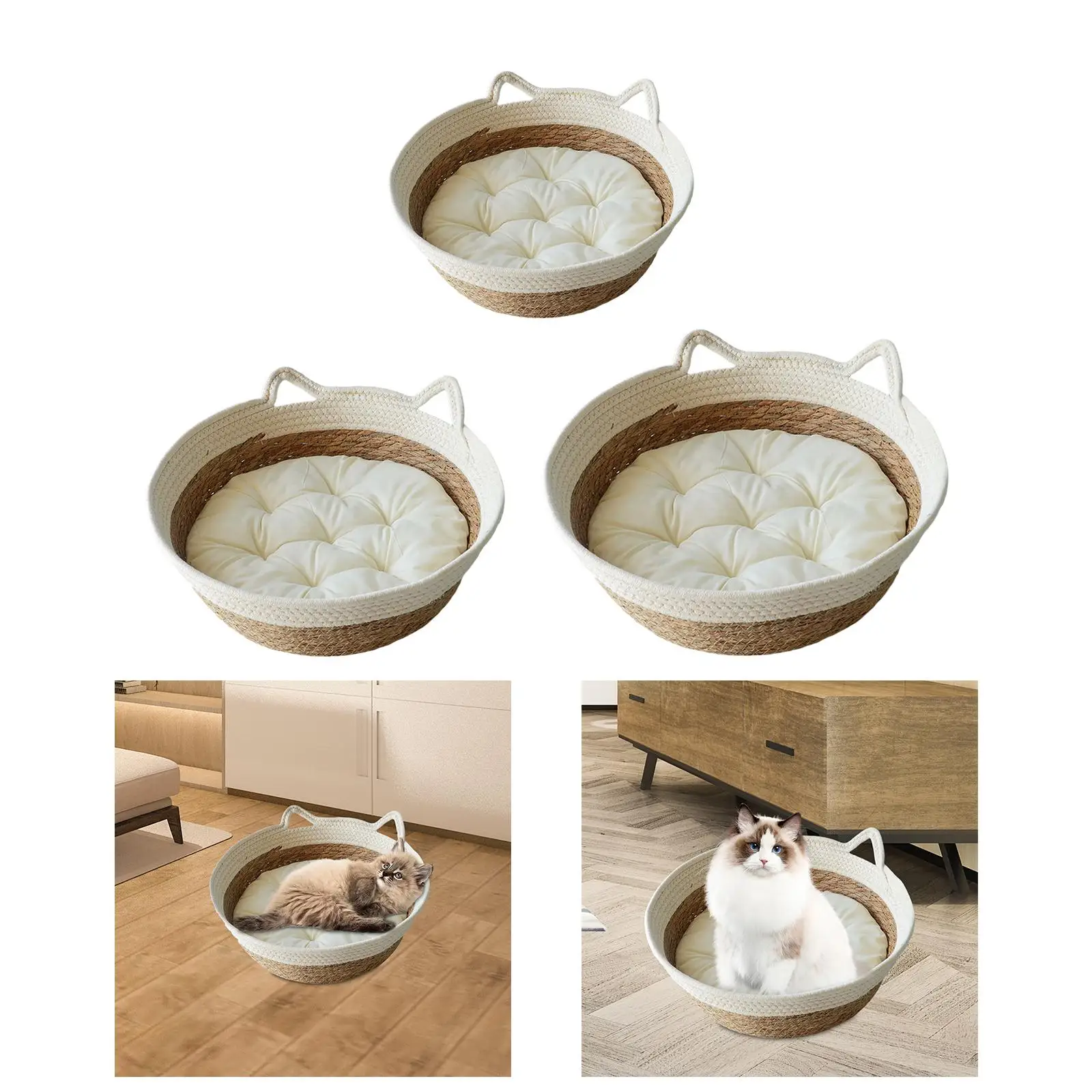 Woven Cat Bed Basket Winter Summer Durable Round Breathable Pet Sleeping Nest Bed Cat House Lounge Bed for Cats and Small Dogs