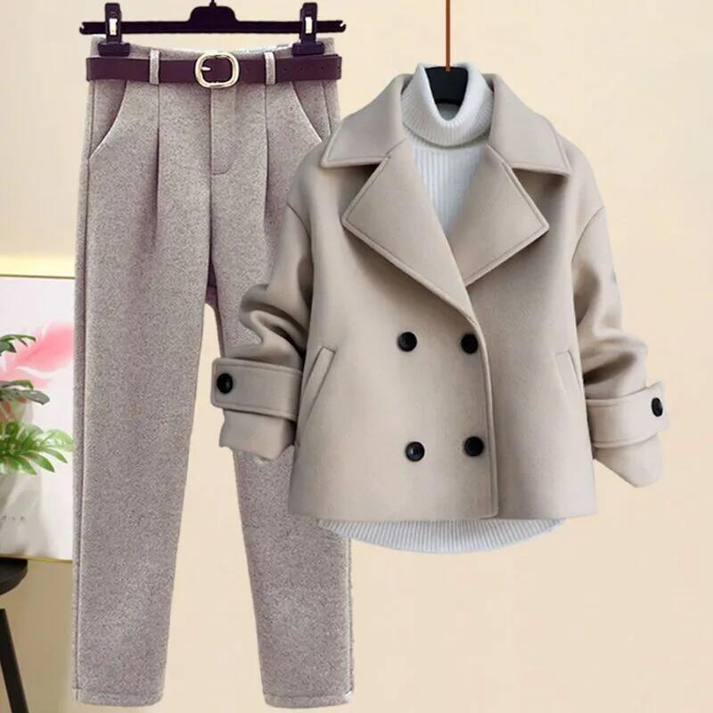 outono inverno lã terno jaqueta de manga longa camisola de malha calças casuais três peças conjunto elegante feminino conjunto calça