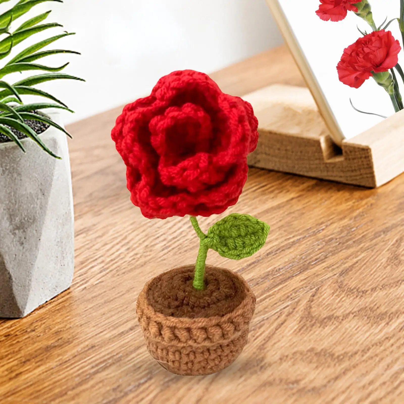 Handmade Crochet Flowers Car Accessories Flowerpot Mini Potted Flowers Dashboard Decoration for Indoor Ornament Birthday Gift