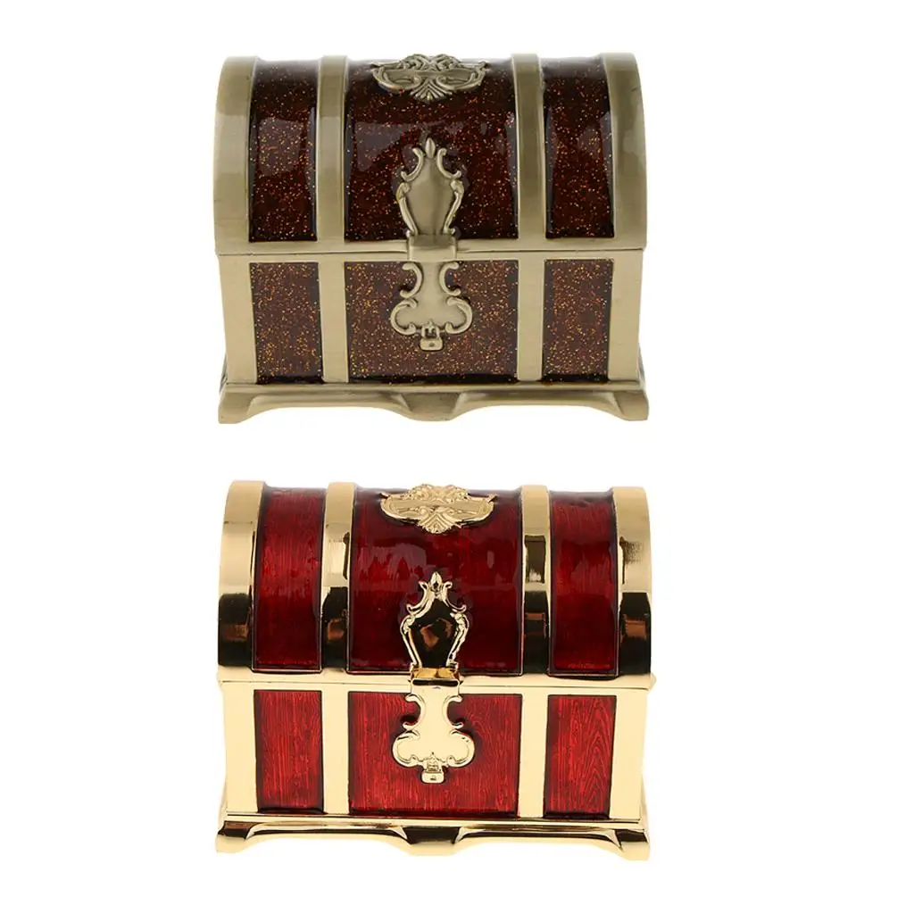Rectangle  Enamel Treasure Chest Trinket Jewelry Box Case - Red