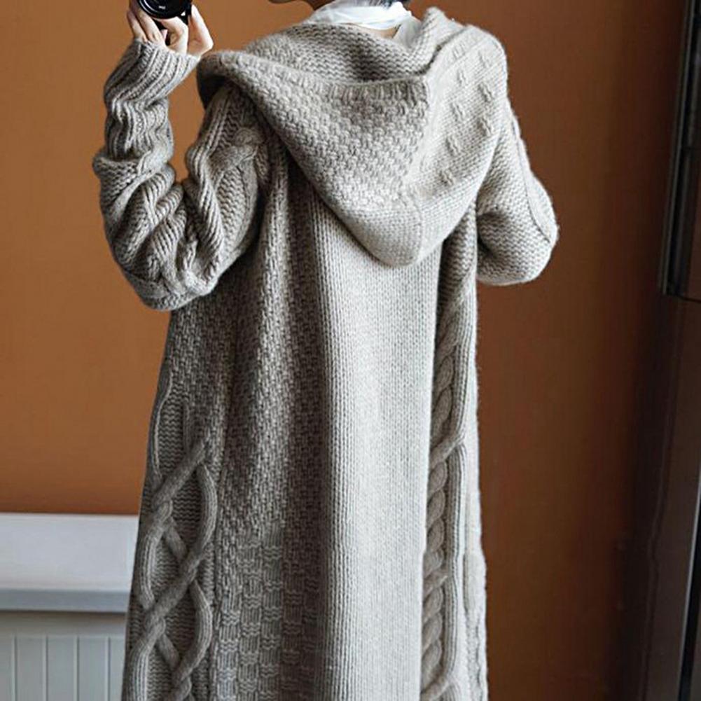2022 Vinter revers strik cardigan kvindelige temperament frakke Casual tyk lang strikket cardigan kvinde plus størrelse ren farve_voghion.com