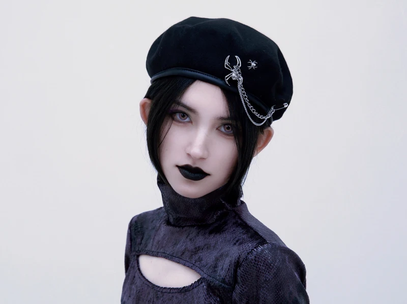Ruibbit Punk Rock Gothic Spider Tassel Metal PU Leather Patchwork Beret Cap Harajuku Vintage Lolita Beret Hats Womens Hats