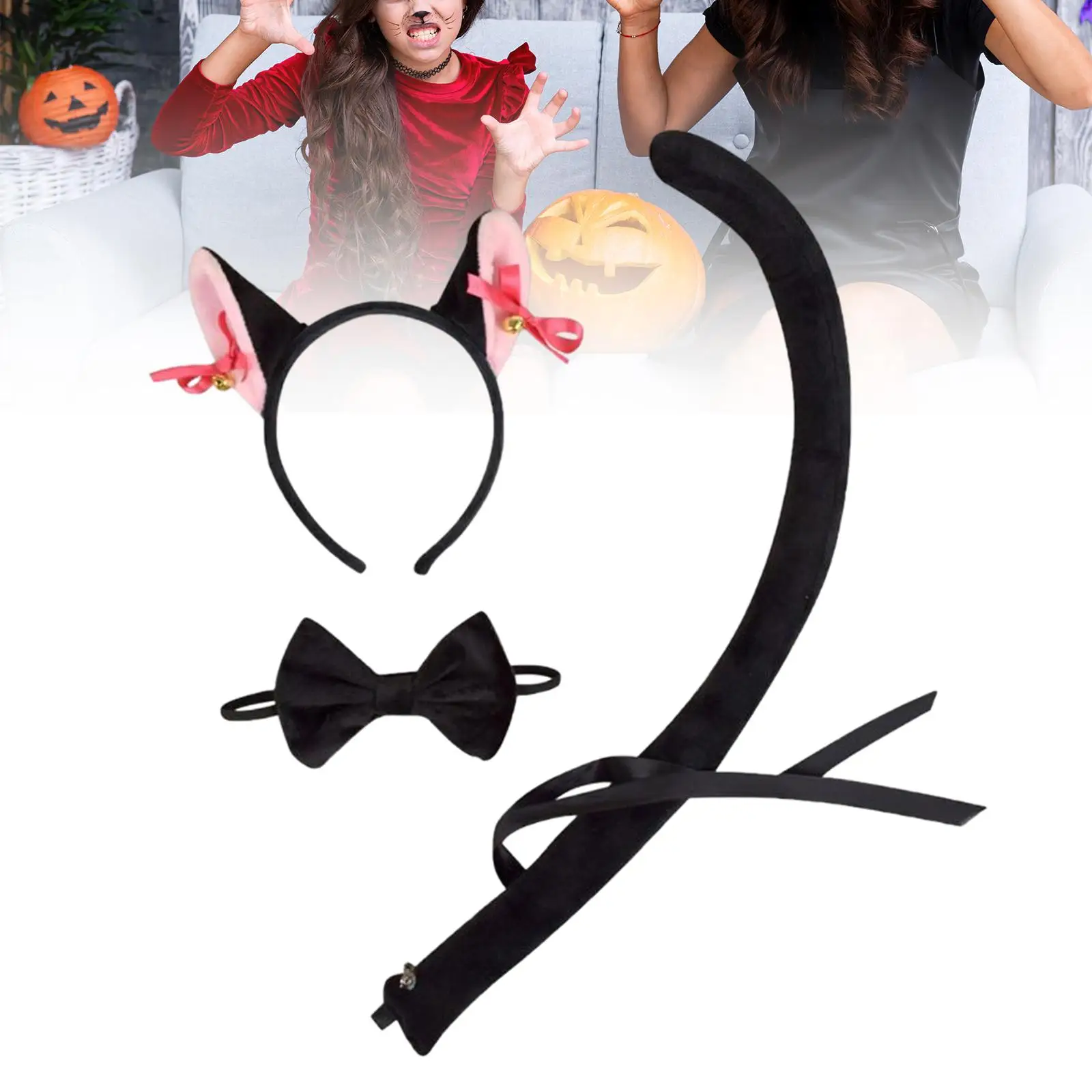 Kids Cat Ears, Bow Tie and Tail Set Makeup Props Animal Costume Set for Themed Party Roles Play Performance Birthdays Holidays