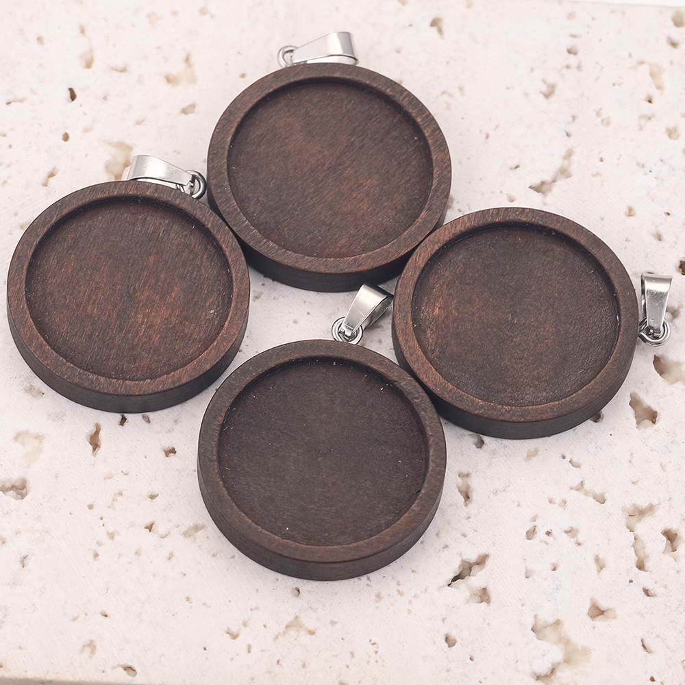 10 Stück 20/25/30 mm braune Holz-Halsketten-Anhänger-Fassung, Cabochon-Cameo-Grundtablett, Lünette, blanko, passend für die Schmuckherstellung – Detail 5