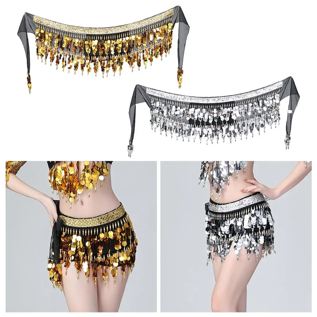 Belly Dance Hip Skirt Scarf Tassel Scarf Sequin Wrap Rostume Performance Outfit Sequins Skirt Belts Body Accessories for Women