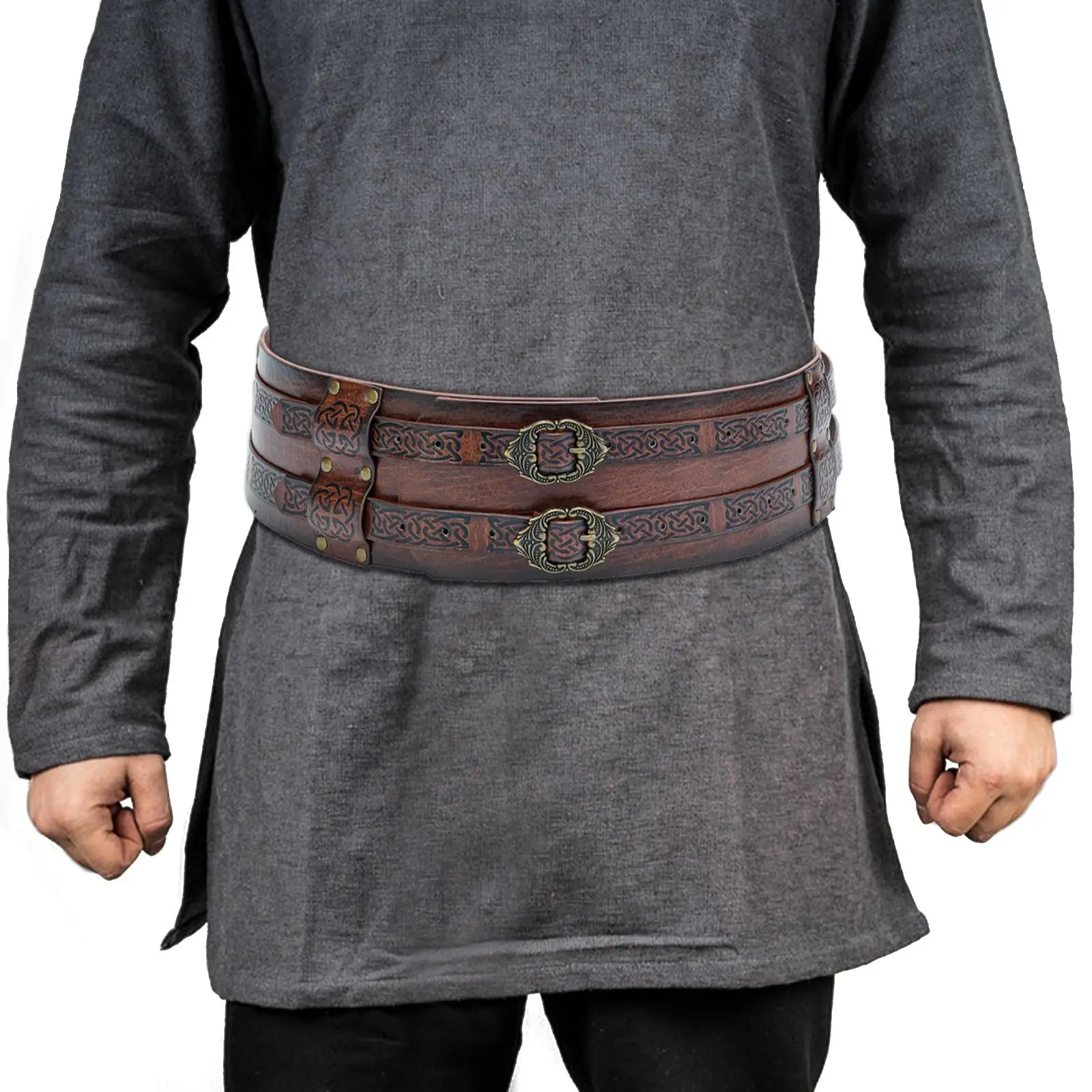 Medieval Belt Cosplay Renaissance Retro Style Embossed Viking Belt Dark Brown