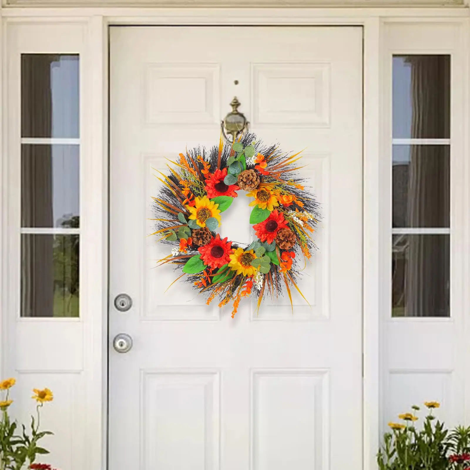 Sunflower Wreath Round Green Leaves Hanging Ornament Artificial Flower Wreath Garland for Fireplace Home Holiday Window Backdrop