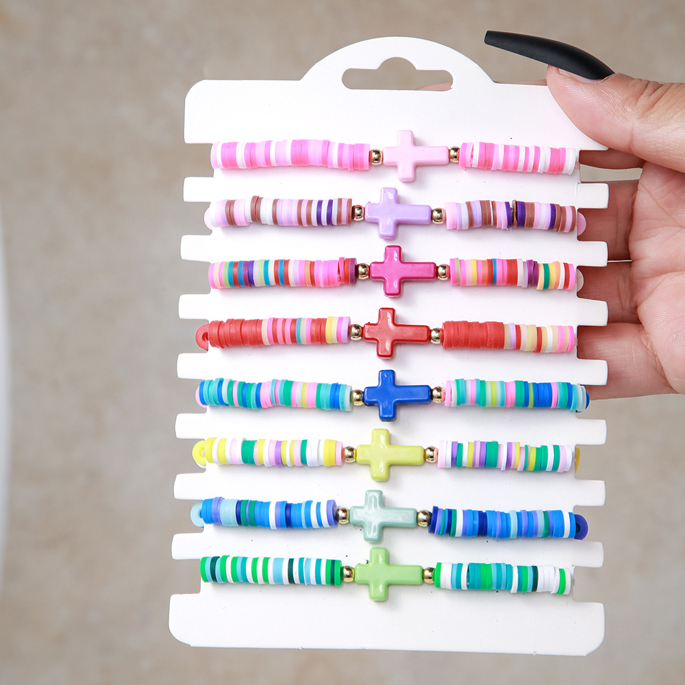 8-teiliges böhmisches buntes Polymer-Kreuz-Armband im neuen Strand-Stil, Stretch-Armband-Set für Frauen und Mädchen – Detail 2