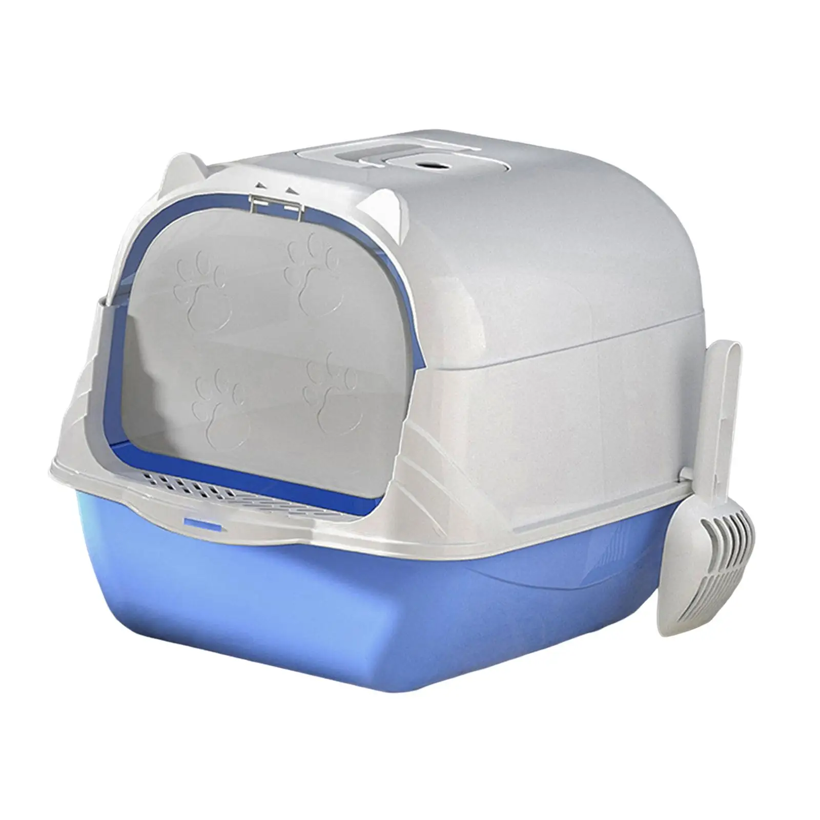 Hooded Cat Litter Box Durable Hollow Pedal Large Space Two Way Movable Door Anti Splashing with Scoop Enclosed Cat Toilet