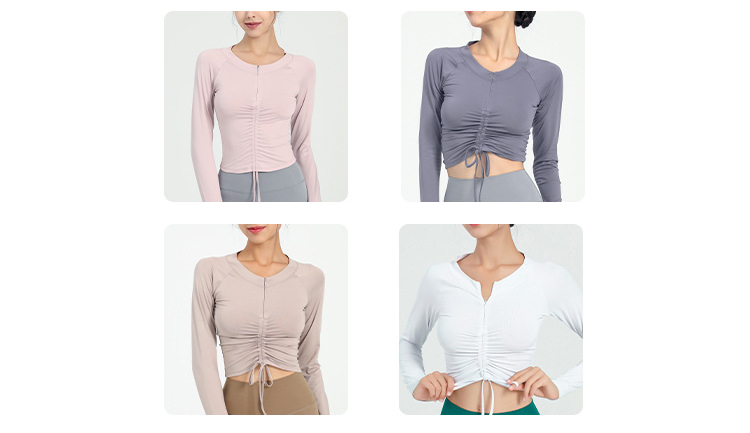 Langarm Shirt Halb Zip Vorne Kordelzug Yoga Tops Frau Sport Active Lauf Oben für Fitness Weibliche Bluse Gym Frauen – Detail 4