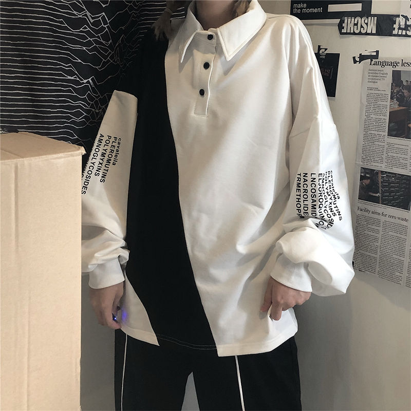 Houzhou Harajuku Hoodie Feminino Preto Branco Retalhos Polo Colarinho Solto Casual Manga Longa Camisola Carta Impressão Tops Streetwear 8 Weddings & Events