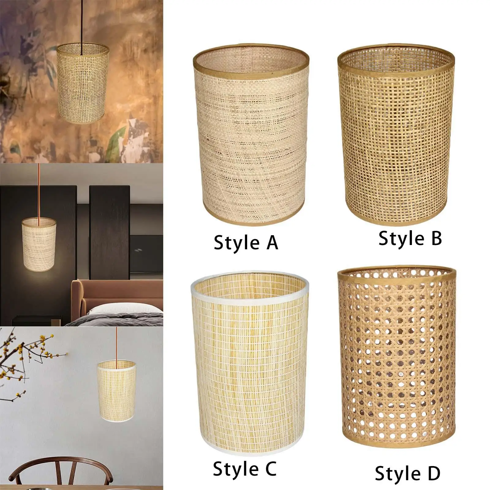 Rustic Rattan Lamp Shade Pendant Light Cover Hanging Lantern Chandelier Lampshade for Kitchen Dorm Living Room Home Decoration