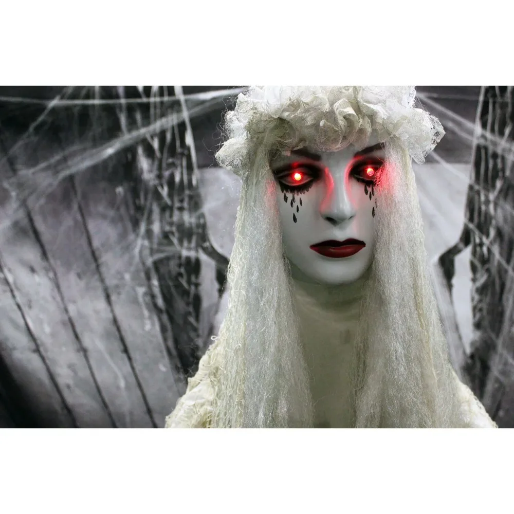 Life-Size Animatronic Bride | Indoor/Outdoor Halloween Decoration | Flashing Red Eyes | Poseable | Battery-Operated Home Decor