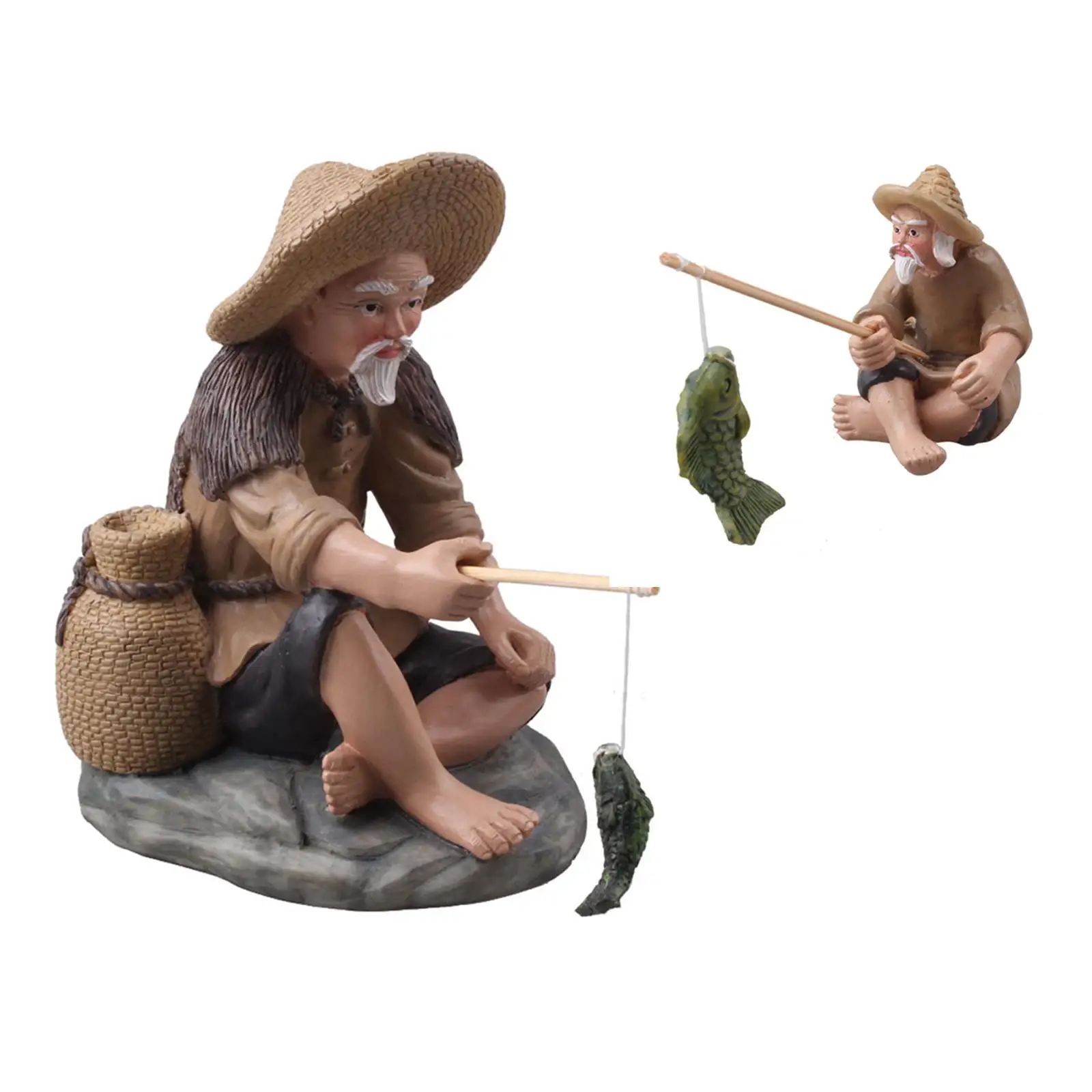 Resin Fisherman Figurines Mini for Micro Landscape Shelf Yard Desktop Decoration