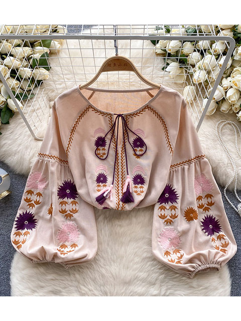 Embroidered Puff-Sleeve Blouse - Purple - Blouses - & Other