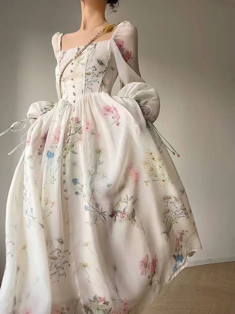 French Elegant Floral Midi Dress Chiffon Long Sleeve Evening Party Dress Woman Beach Fairy One Piece Dress Korean 2023 Summer