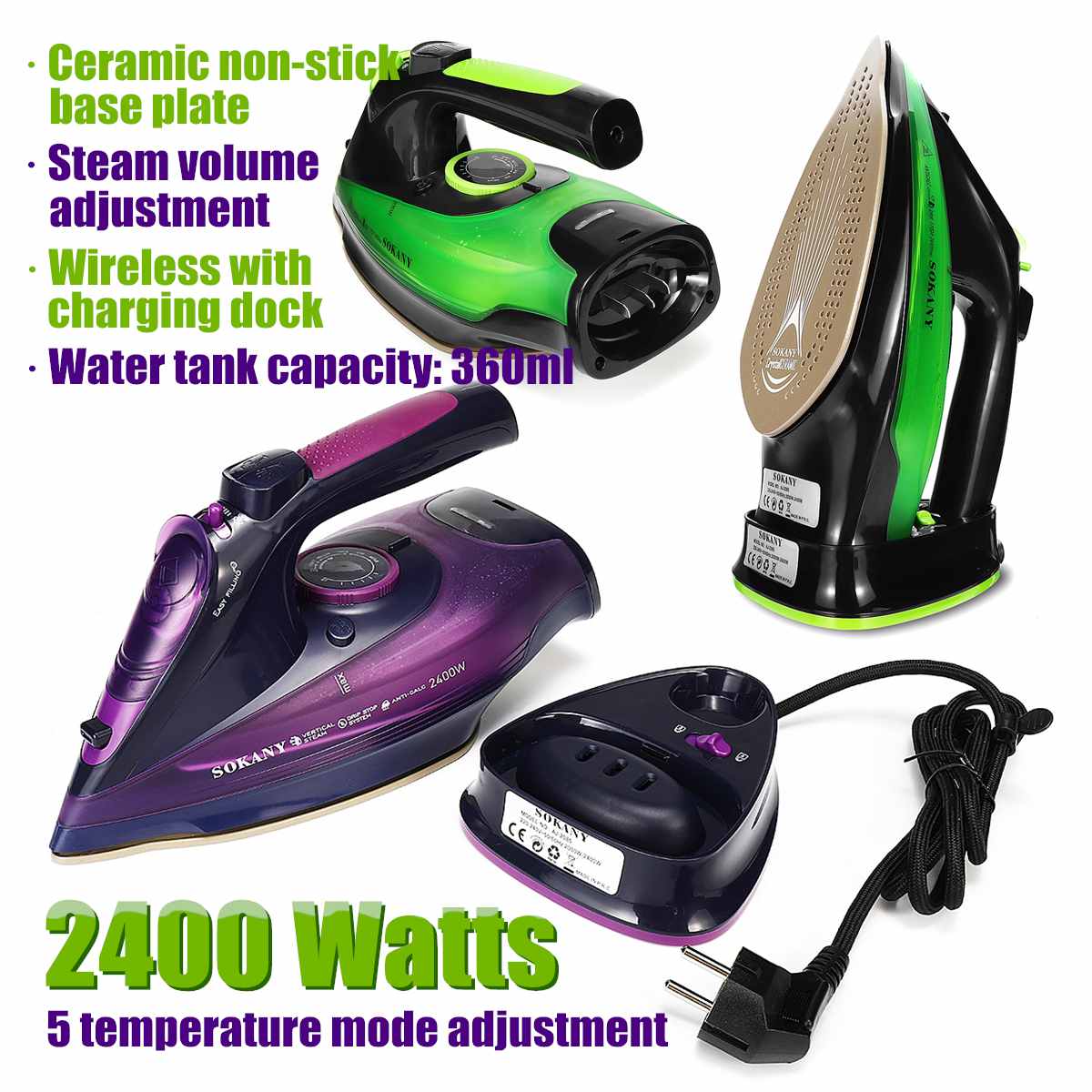Description Picture 5 of item2400W Electric Rope Steam Iron Cordless Charging Steam Iron 5 Speed Adjust Clothes Ironing Steamer ABS+Ceramic Soleplate EU Plug