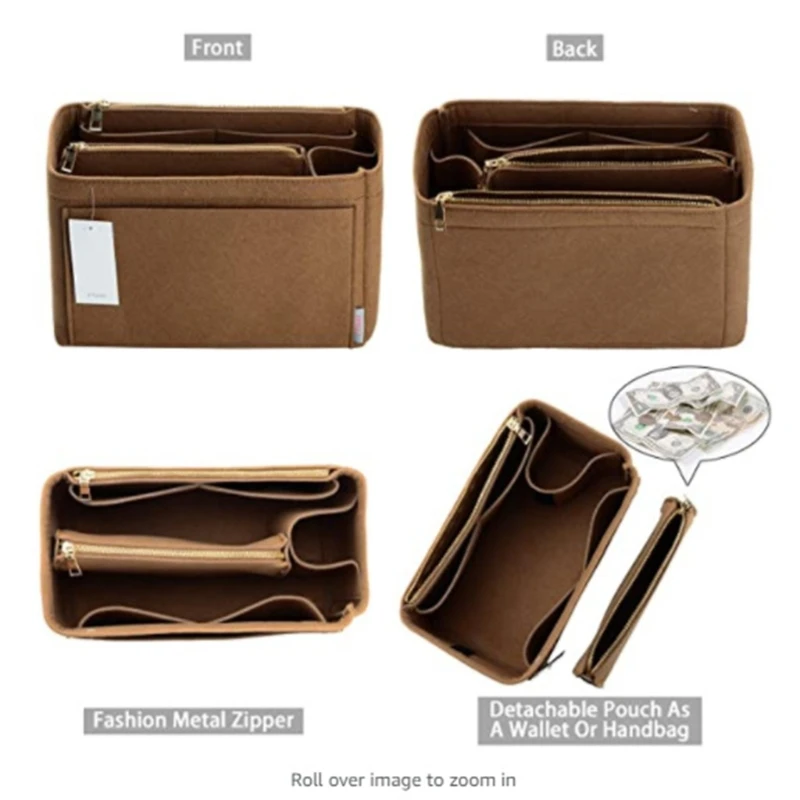 WTSHOPME Purse Organizer Insert Shaper Felt Bag in Bag for Handbag with Removable Zipper Purse and Key Chain 