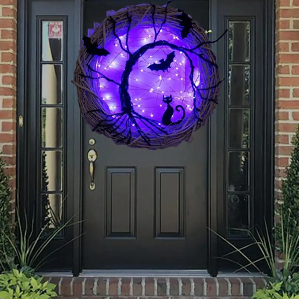 Happy Halloween Wreath Lighted Decor Black Purple Lights for Outdoor