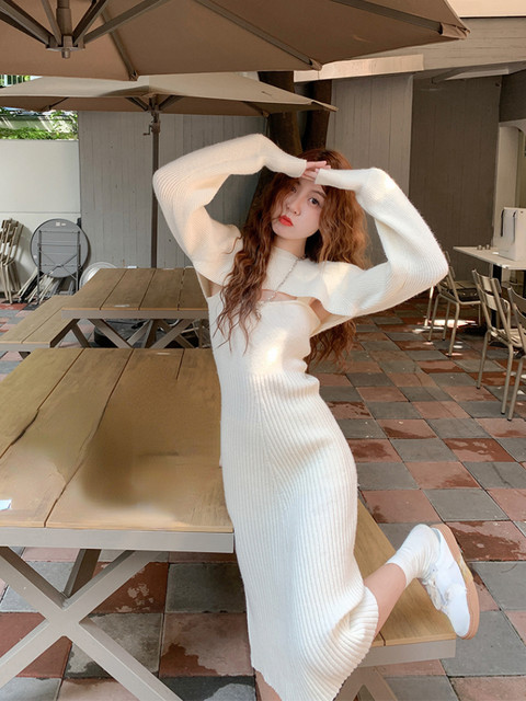 Knitted Sweater 2 Piece Dress Set Woman Long Sleeve Y2k Crop Tops