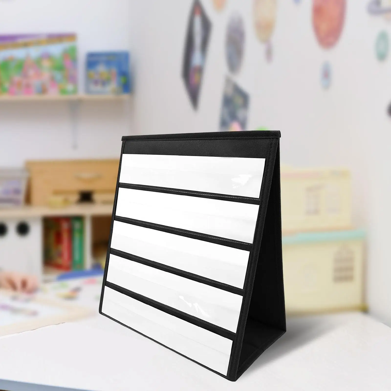 Tabletop Pocket Chart with 20x Whiteboard Cards Reading Self Standing Educational Words black for Children Desktop