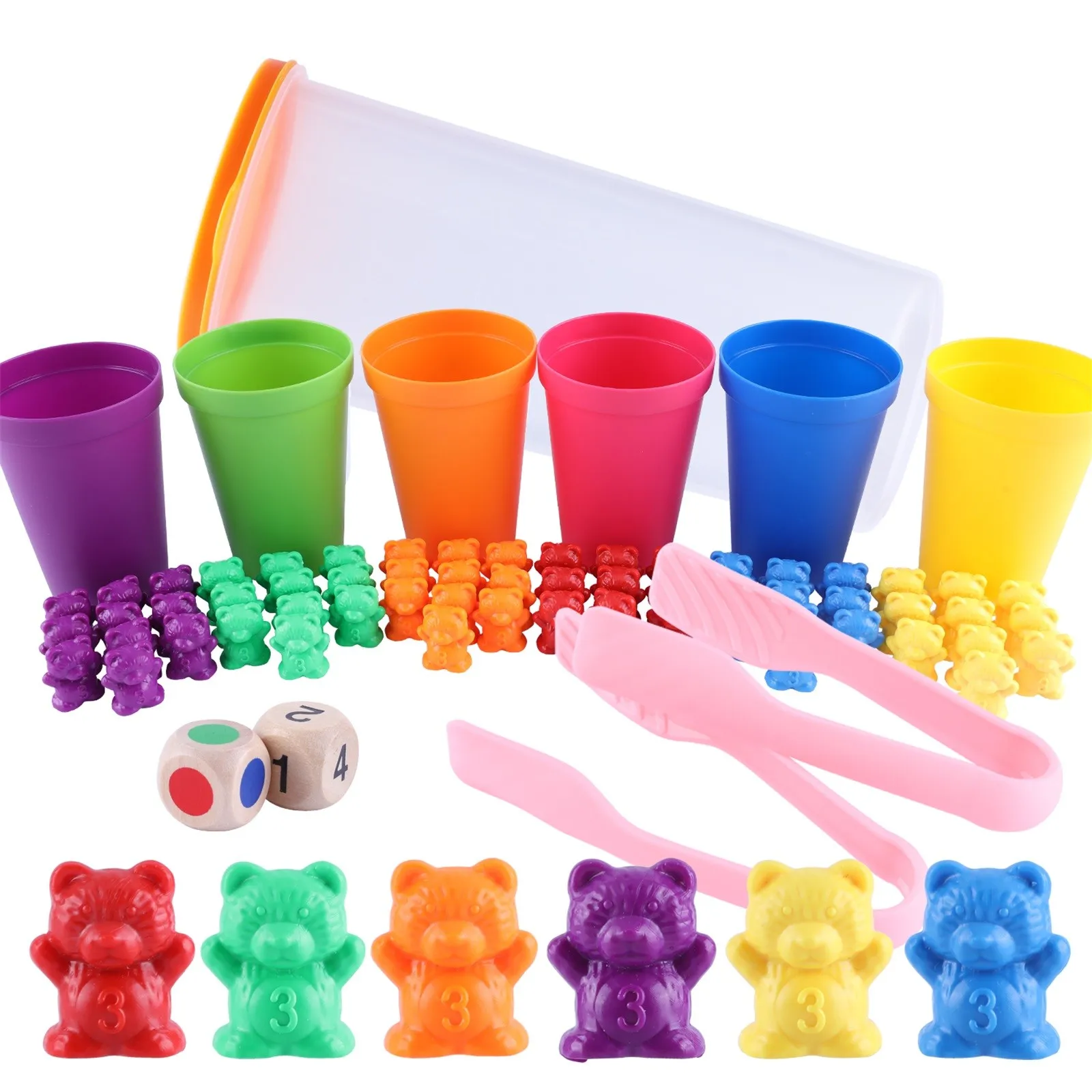 Sorting Bears 60 Rainbow Colored Bears 6 Stacking Cups Kids Tweezers Storage for sale online 