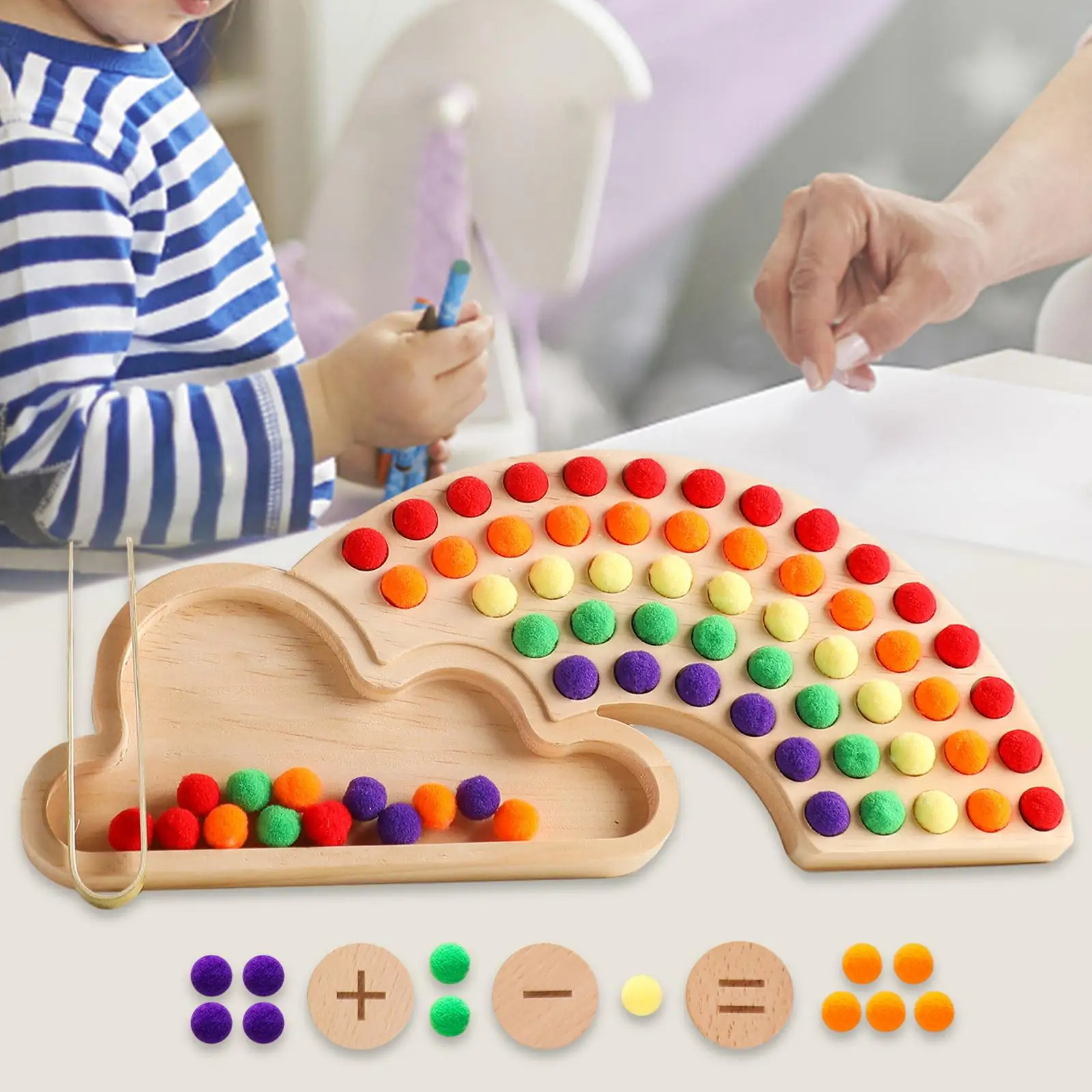 Wooden Board Bead Game Early Learning Fine Motor Skill Wooden Rainbow Beads for