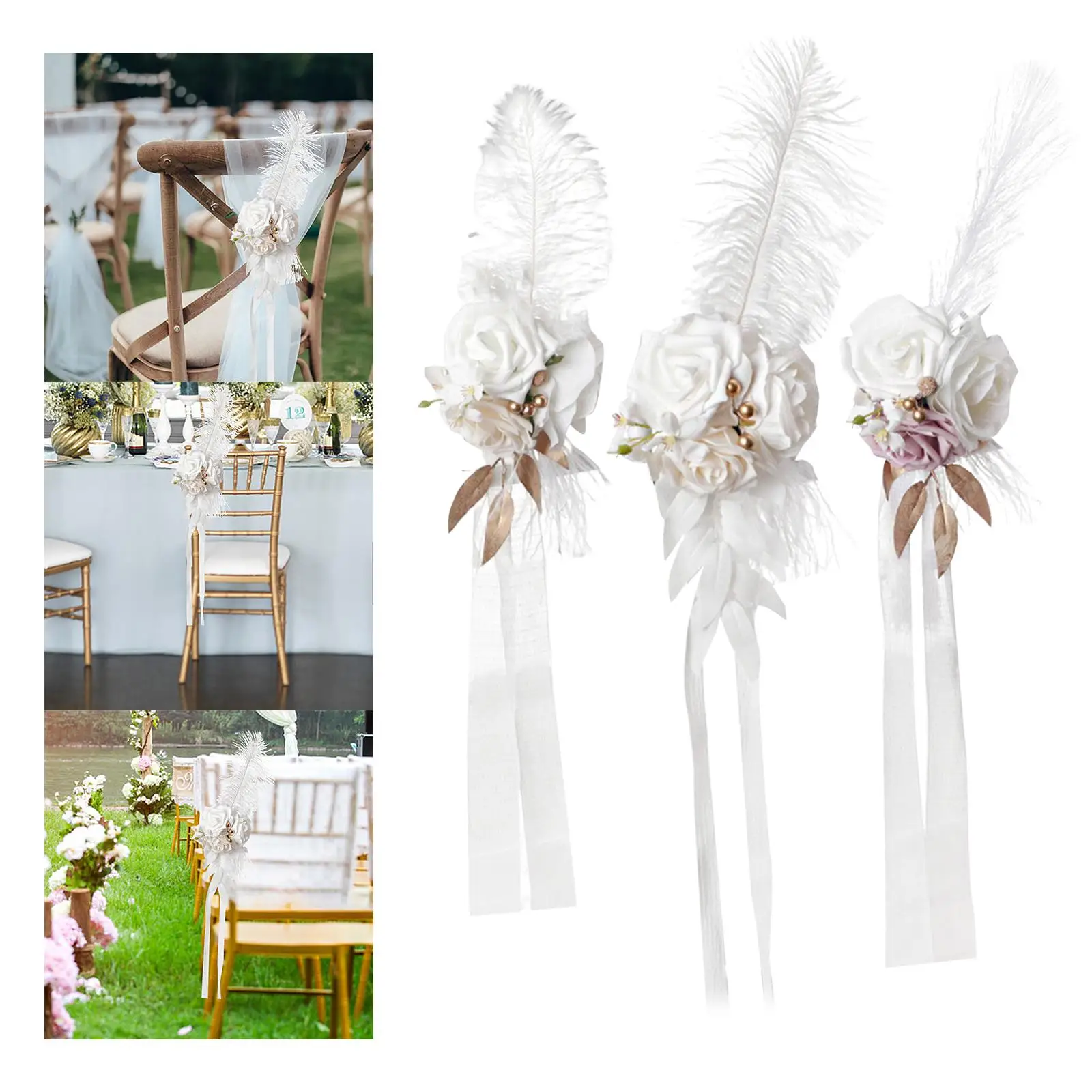 Chair Back Flower Aisle Bench Floral Artificial Rose Flower with Ribbons for Wedding Ceremony Banquet Decoration