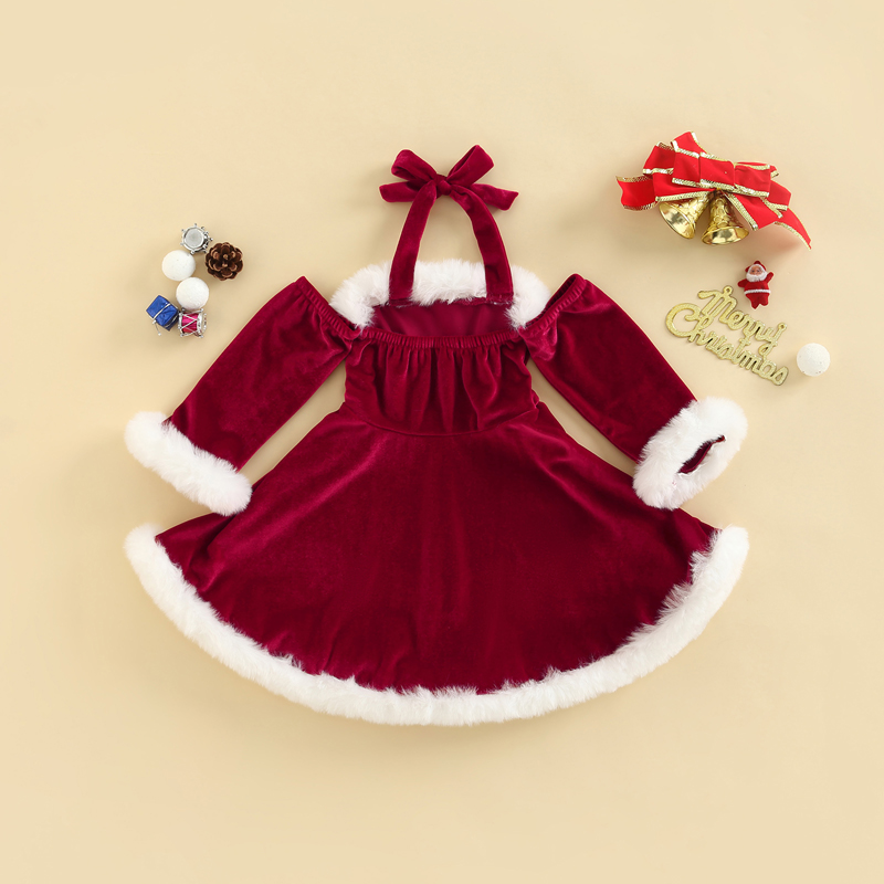 FOCUSNORM 1-5Y Kinder Mädchen Weihnachten Samt Kleid Langarm Off Schulter Schnürung Neckholder Backless Urlaub Kleid – Detail 3