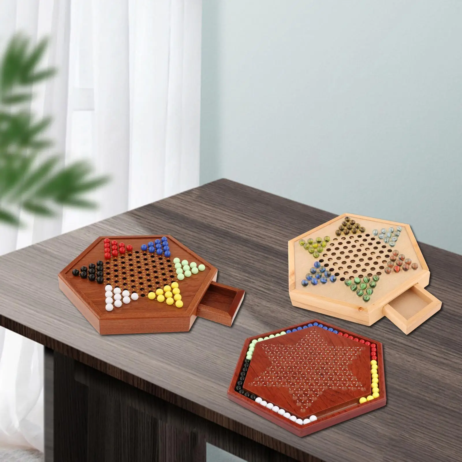 Traditional Chinese Checkers  Wooden Board w/ 60pcs 6-Color Marbles   Game Multiplayer Children Gift