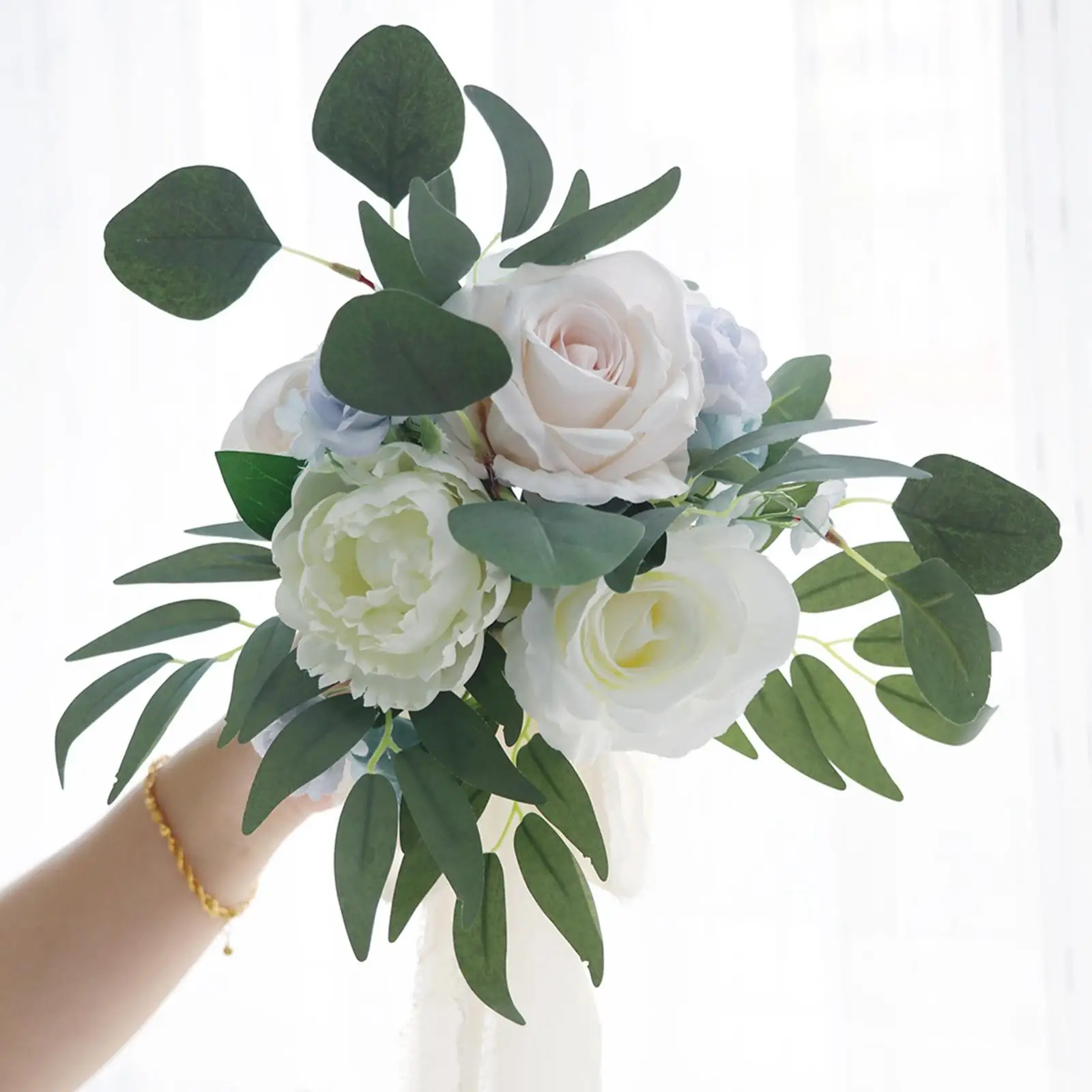 White Silk Rose Cascading Bouquets ,Photography Props Vivid Looking Exquisite Handmade