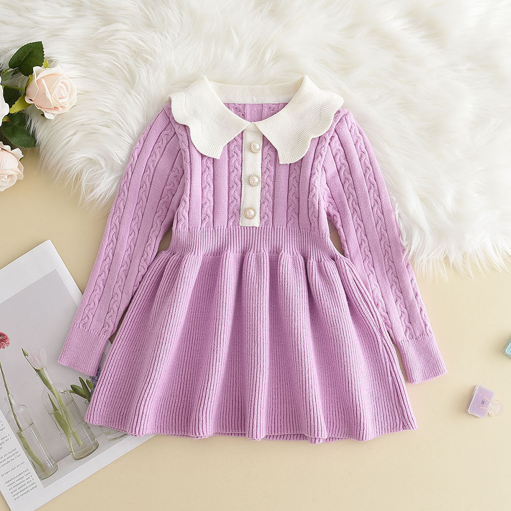3-7 Jahre Alte Koreanische Version Marineblaues Süßes und Niedliches Mädchenkleid Herbst- und Winter-Strickkleid mit Langen Ärmeln für Kinder – Detail 26
