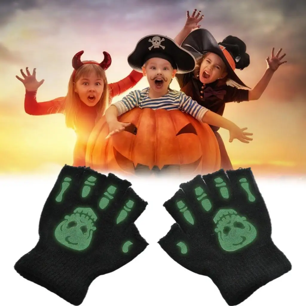 Halloween Skeleton Half Finger Gloves Ghost Glow in The Dark Unisex Mittens for Party Props Cosplay Holiday Kids