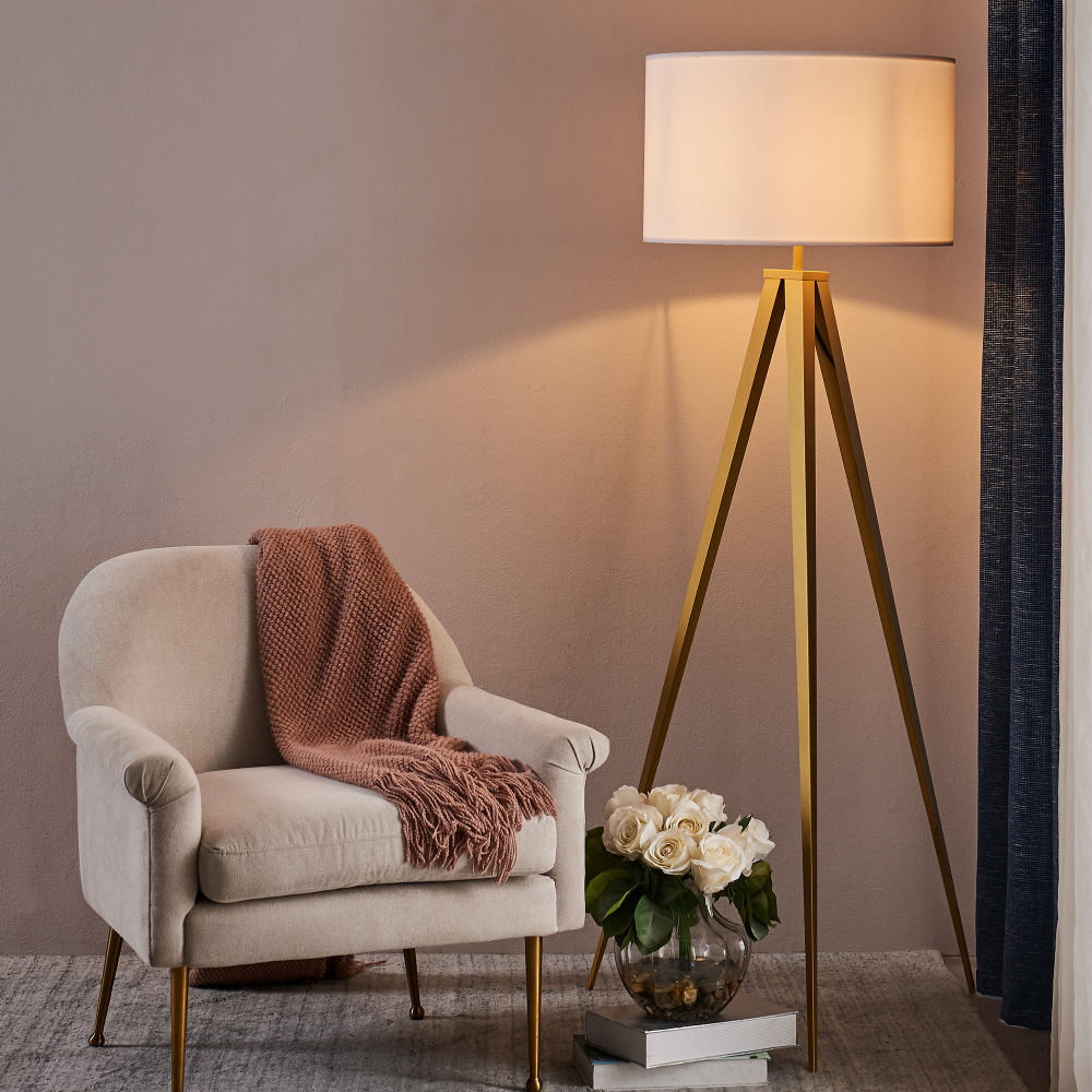 Romanza Matte Gold Tripod Floor Lamp with White Shade Bedroom Reading Deco Dining Room Light