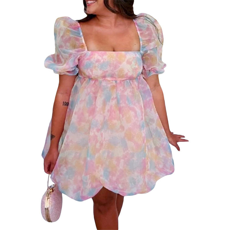 Fairy Mesh Dress y2k Women Aesthetic Gradient Color Puff Sleeve Princess Dress Square Neck Short Prom Party Dresses