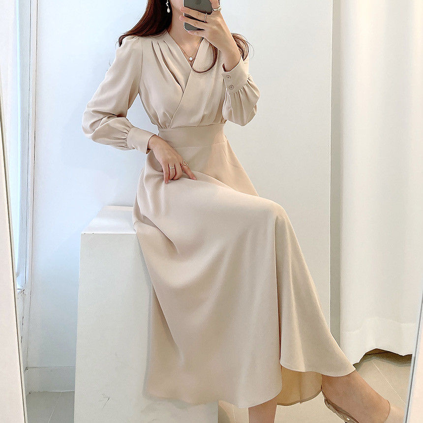 Jielur Harajuku V-neck Puff Sleeve A-line Maxi Dress Woman Solid Color Midi Robe Korean Office Dresses Elegant Spring Dress Lady