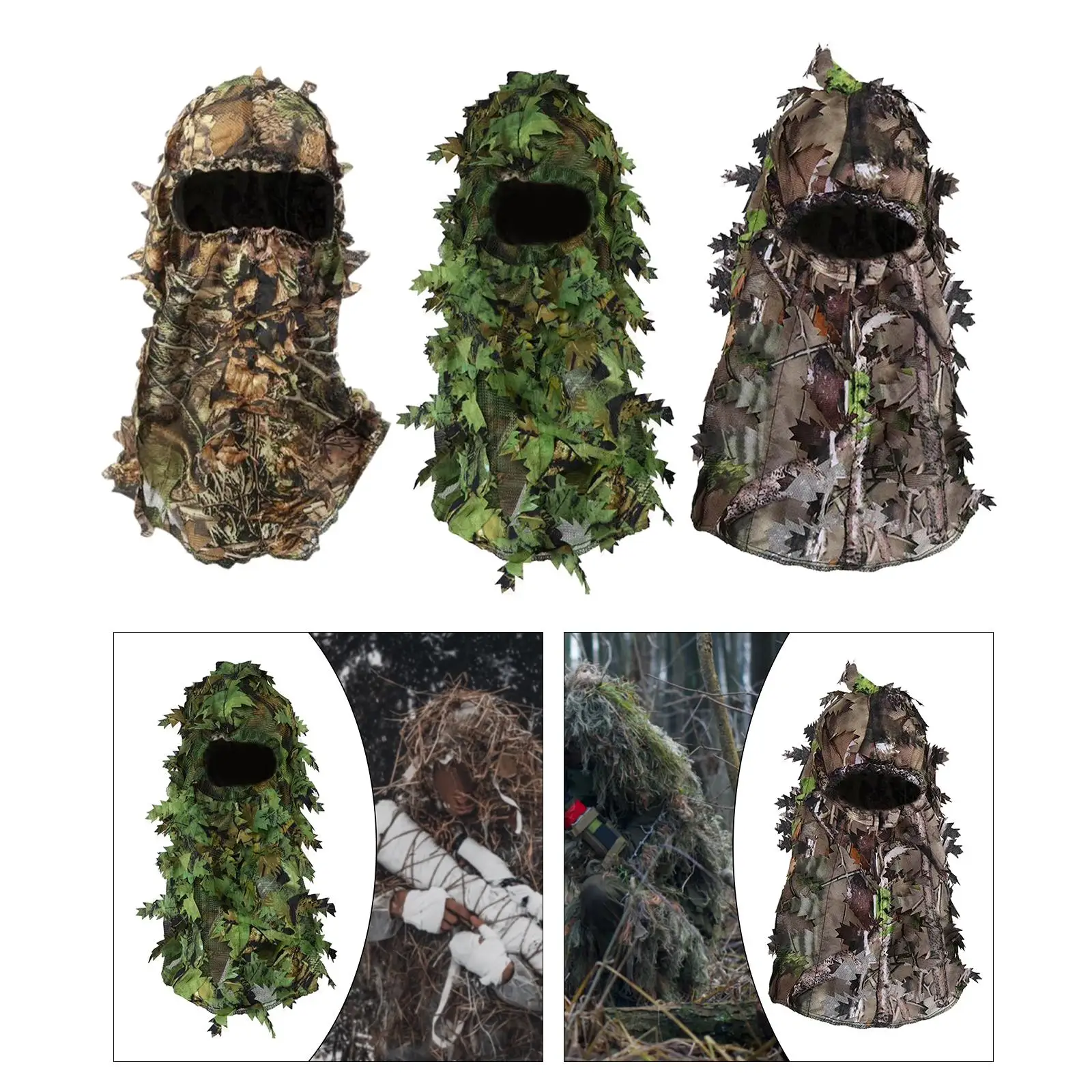 3D Ghillie Headwear Full Face Breathable Unisex Camo Full Face Camouflage Leafy Hat for Turkey Hunting Forest Shooting