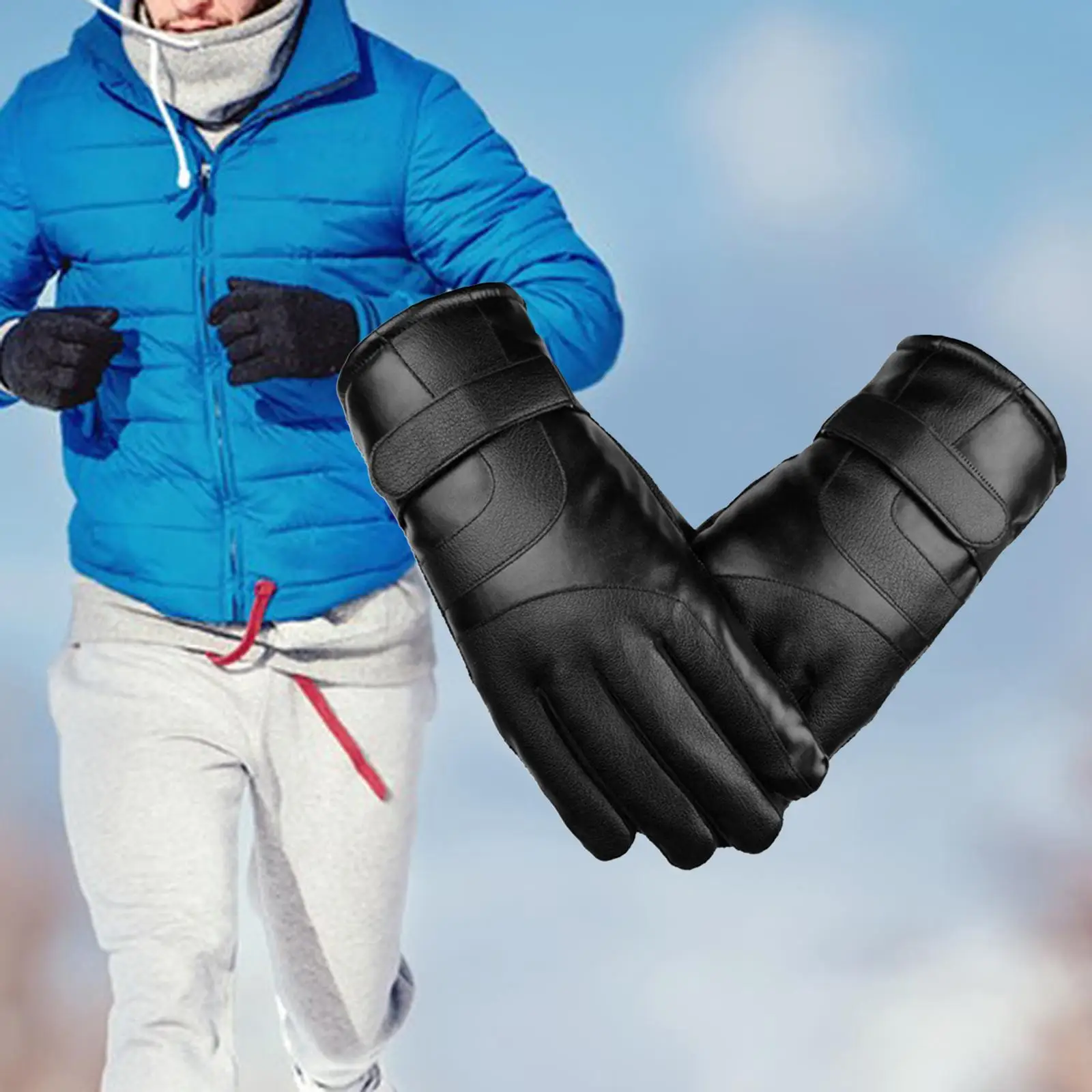 Unisex Thermal Gloves Touch Screen PU Outdoor Autumn Windproof Thicken Mittens for Running Biking Skating Climbing Cold Weather