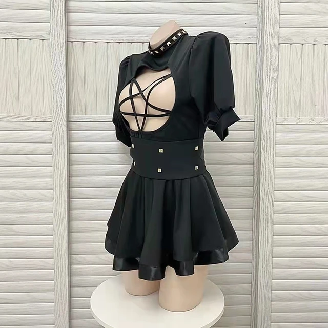 Women Stretchy Goth Party Exotic Dress Sexy Gothic Style Dresses Dark In  Love Ruffle Hollow Out Pentagram Police Cosplay Outfit