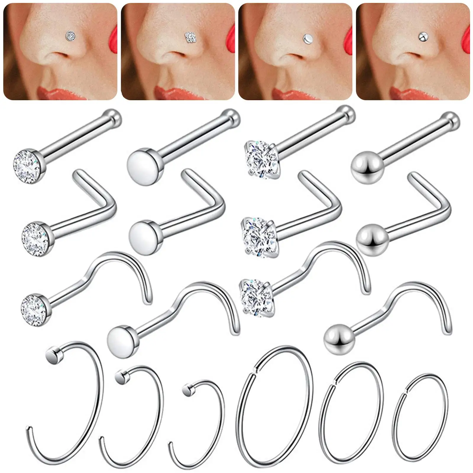 18 Nose Rings Set Stainless Steel Crystal Nose Hoops for Women 