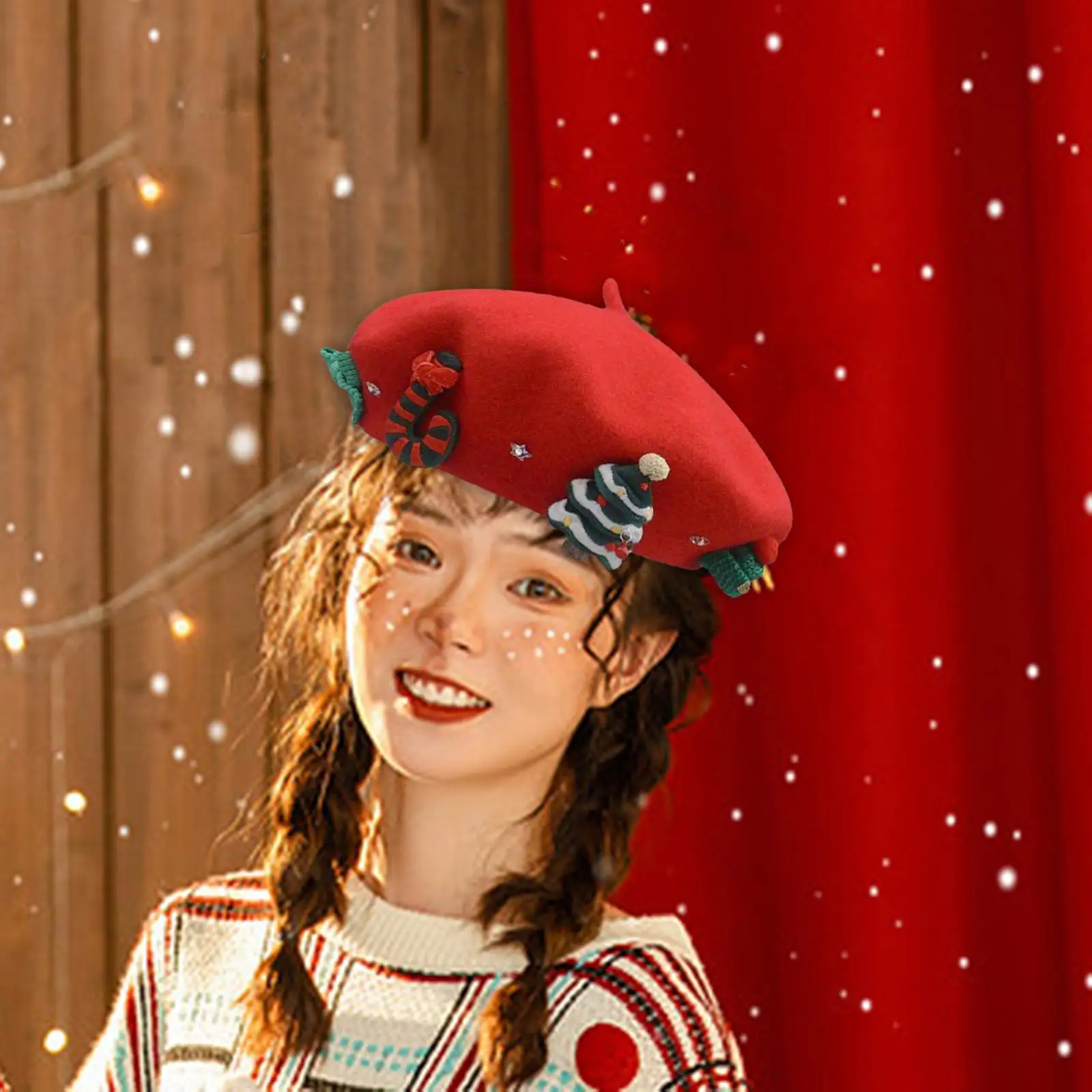 Christmas Beret Hat Streetwear Decor Xmas Cap Breathable Winter Felt Cap for Adults Vacation Birthday Travel Outdoor