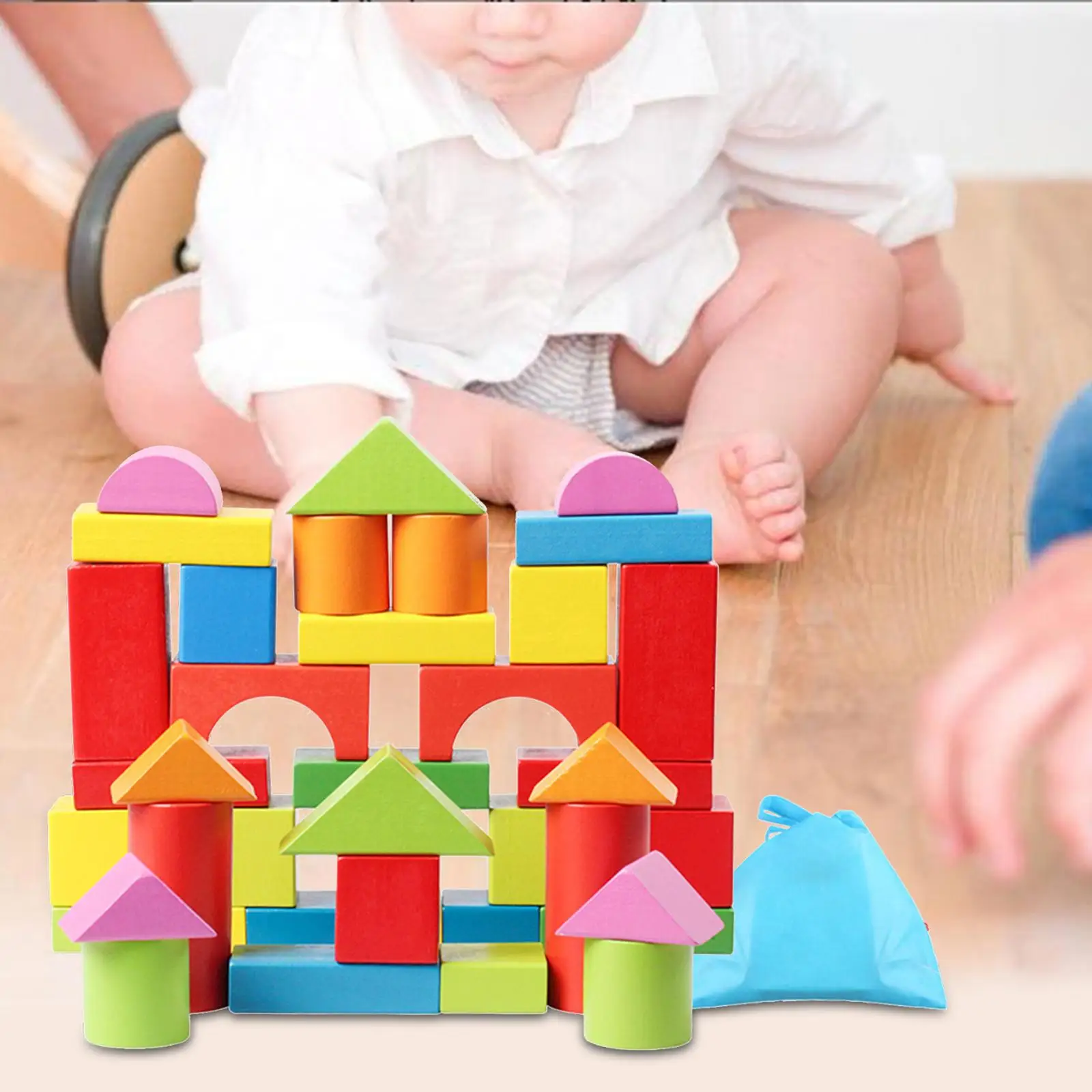 40x Wooden Building Blocks Early Educational Toys with Storage Pouch for Birthday Gifts