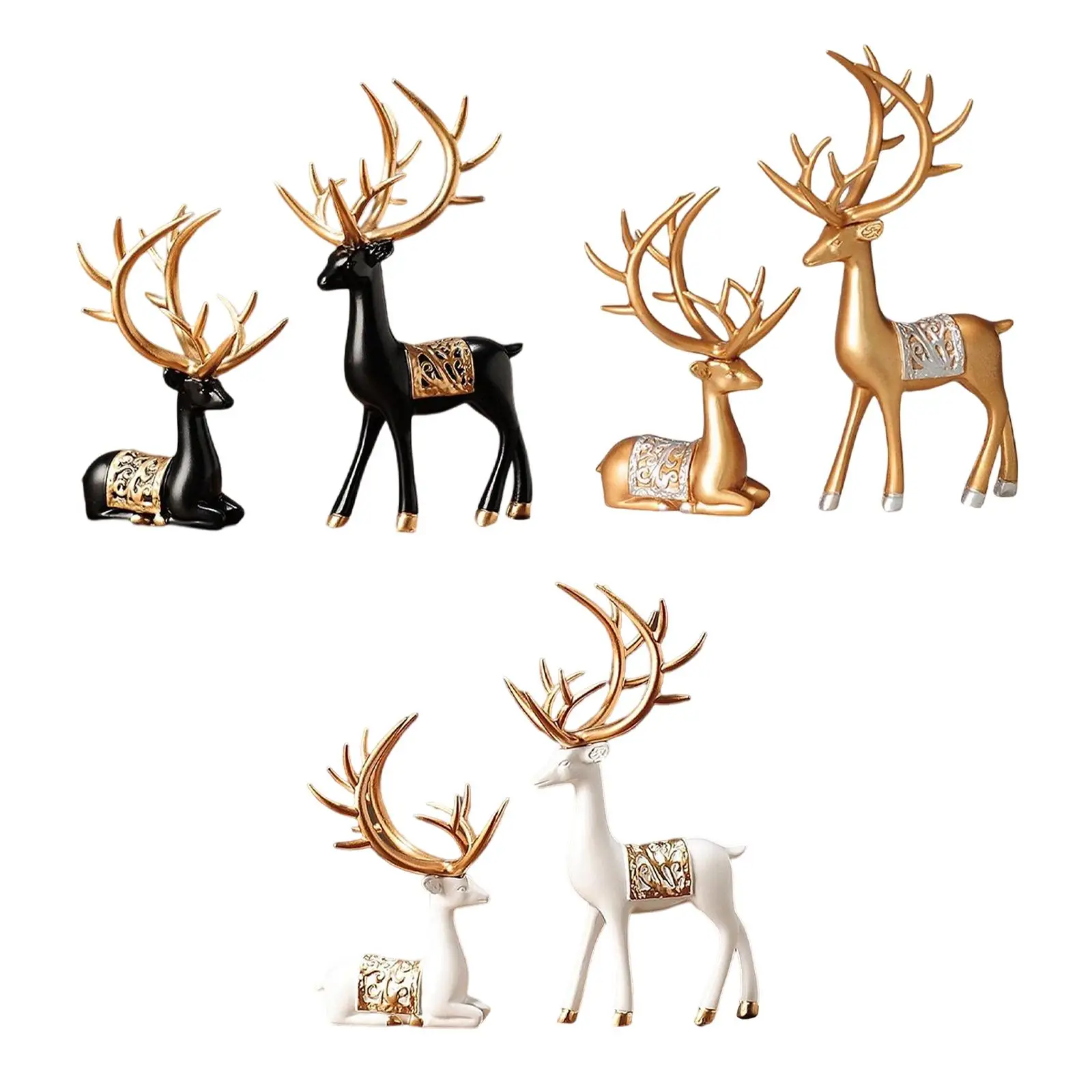 2x European Style Reindeer Statues Collection Deer Figurine Elk Couple Sculpture Resin for Desk Bookshelf Bedroom Home Birthday
