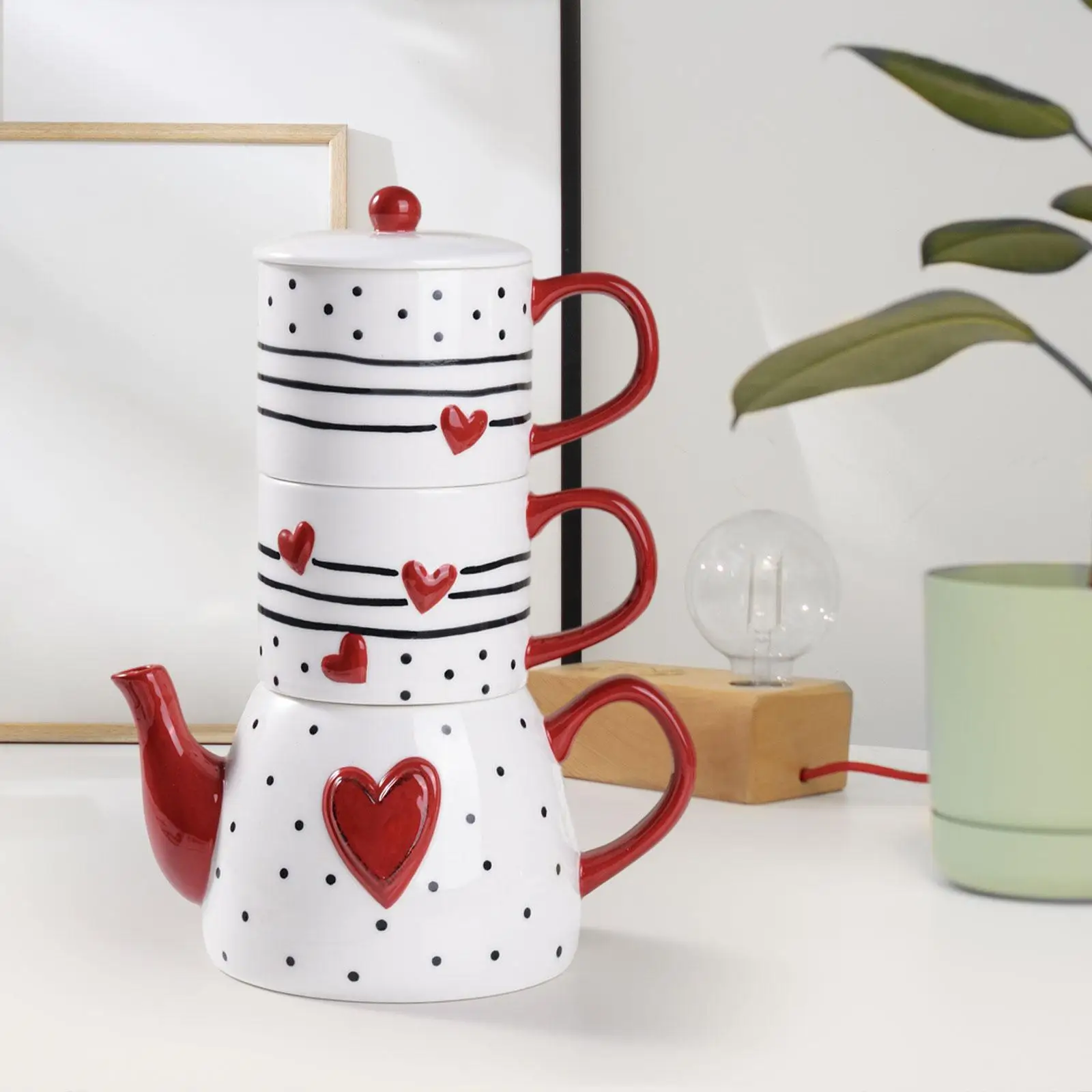 Heart Pattern Ceramics Coffee Mug Set Drinking Mugs Cute Creative Gift Porcelain Teapot Set for Kitchen Table Home Office Travel