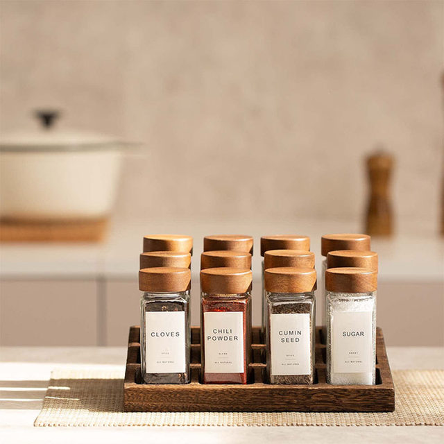 SALE RIO Square Glass Spice Jars With Natural Acacia Wood Lids Size 120ml  Organise Pantry 