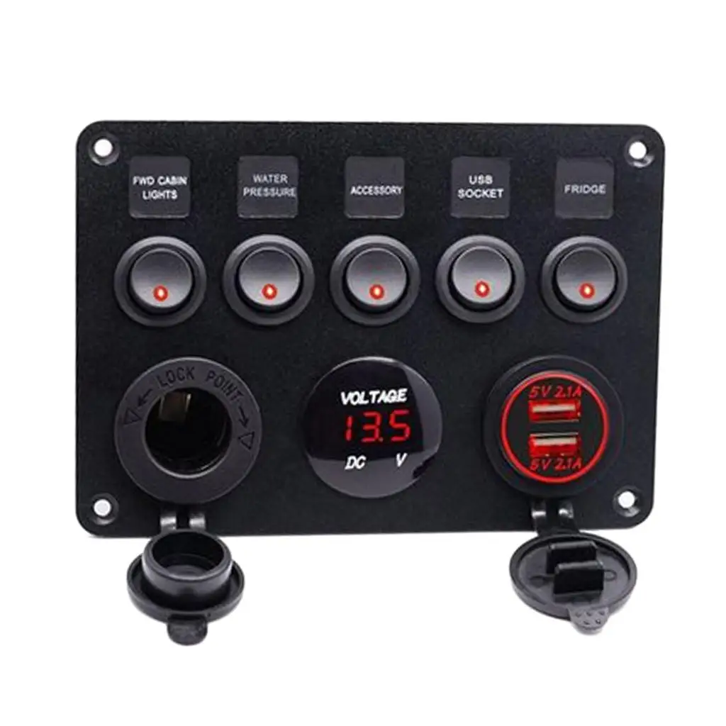 5 Gang Rocker Switch Panel for RV Marine Car Vehicles Truck Boat - Digital Voltmeter Display + Dual USB  Port, 12V DC, Red 