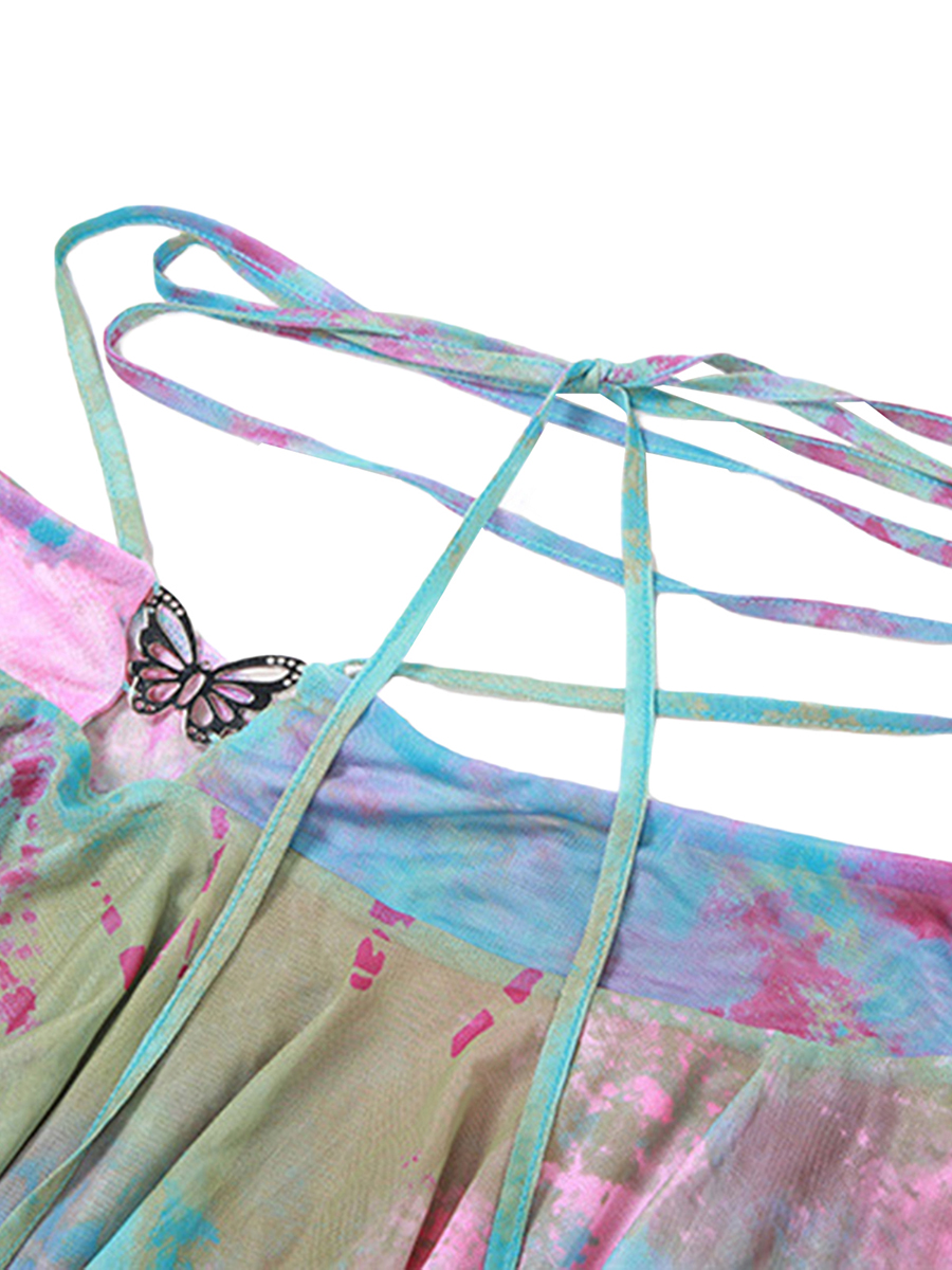 Frauen y2k 3 Stück Sommer Outfits Mode ästhetische Langarm Achsel zucken Tops Krawatte Dye Print Weste unregelmäßigen Minirock Set für Party – Detail 10