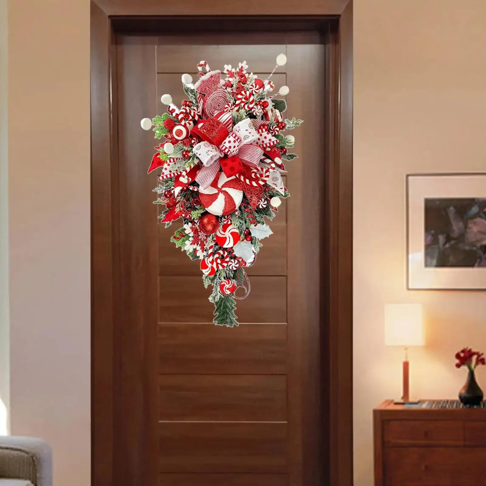 Artificial Christmas Teardrop Swag for Door Wall Windows with Bow Christmas Door Wreath for Outdoor Indoor Garden Home
