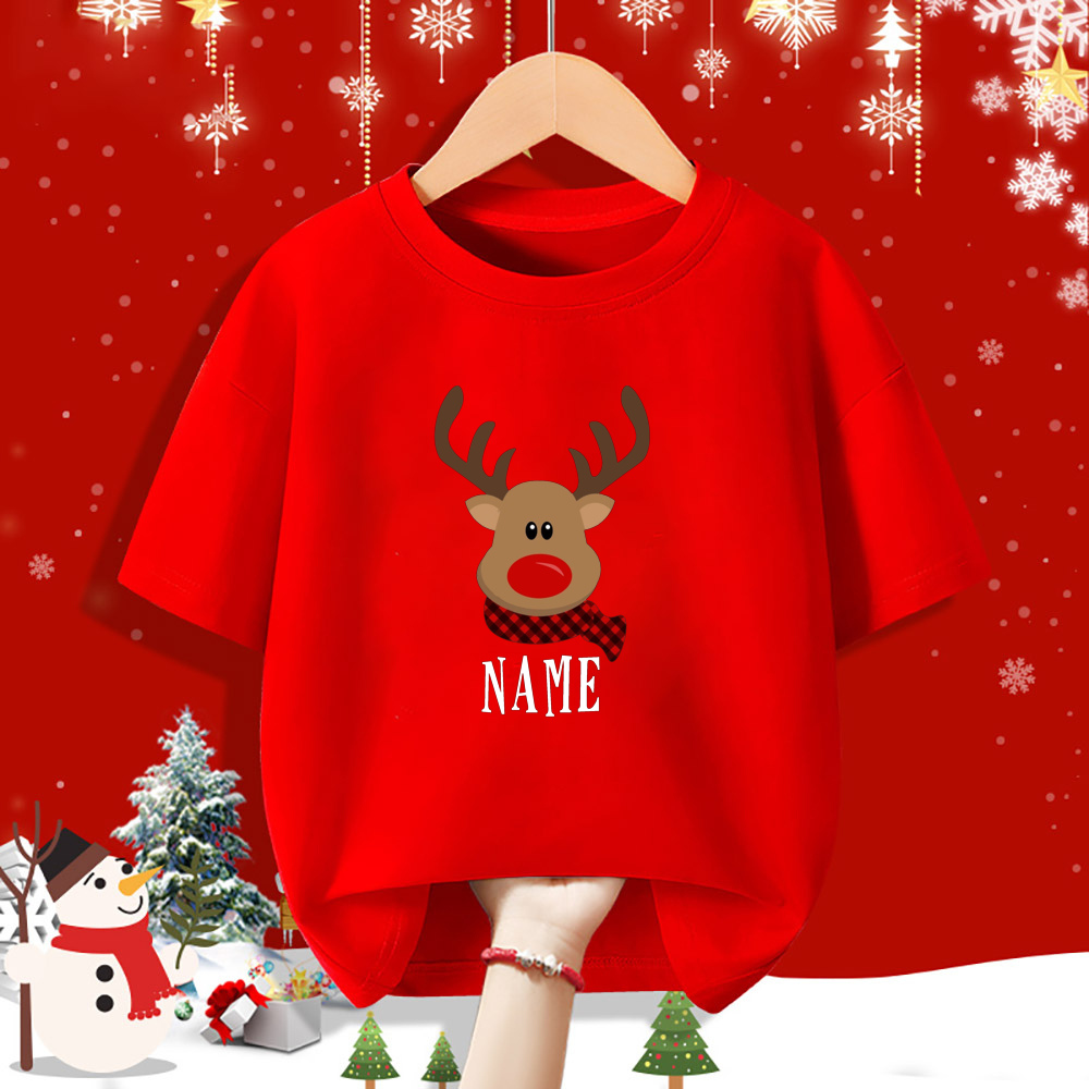 Personalisiertes Kind Weihnachten Rotes Hemd Hirsch Name Kind Kurzarm Kleidung T-Shirt Geschwister Passendes Weihnachtsoutfit Kinder T-Shirts – Detail 5